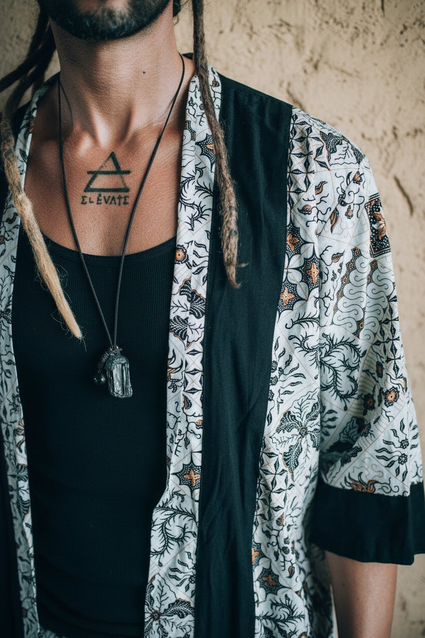 VALO Design Clothing Capes Cream White w/ brown batik details BALI SPIRIT White Batik  - elegant & unique cotton kimono cardigan