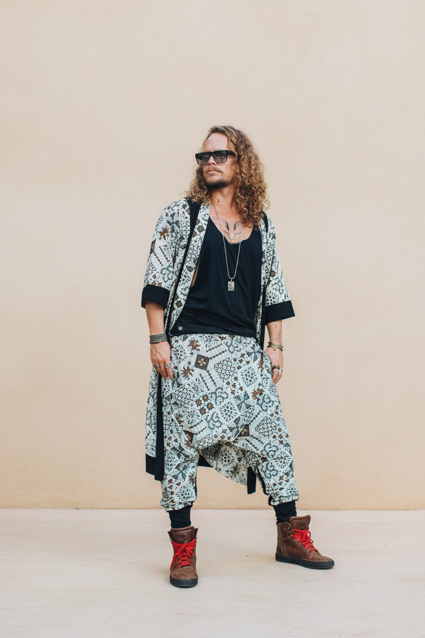 VALO Design Clothing Capes Cream White w/ brown batik details BALI SPIRIT White Batik  - elegant & unique cotton kimono cardigan