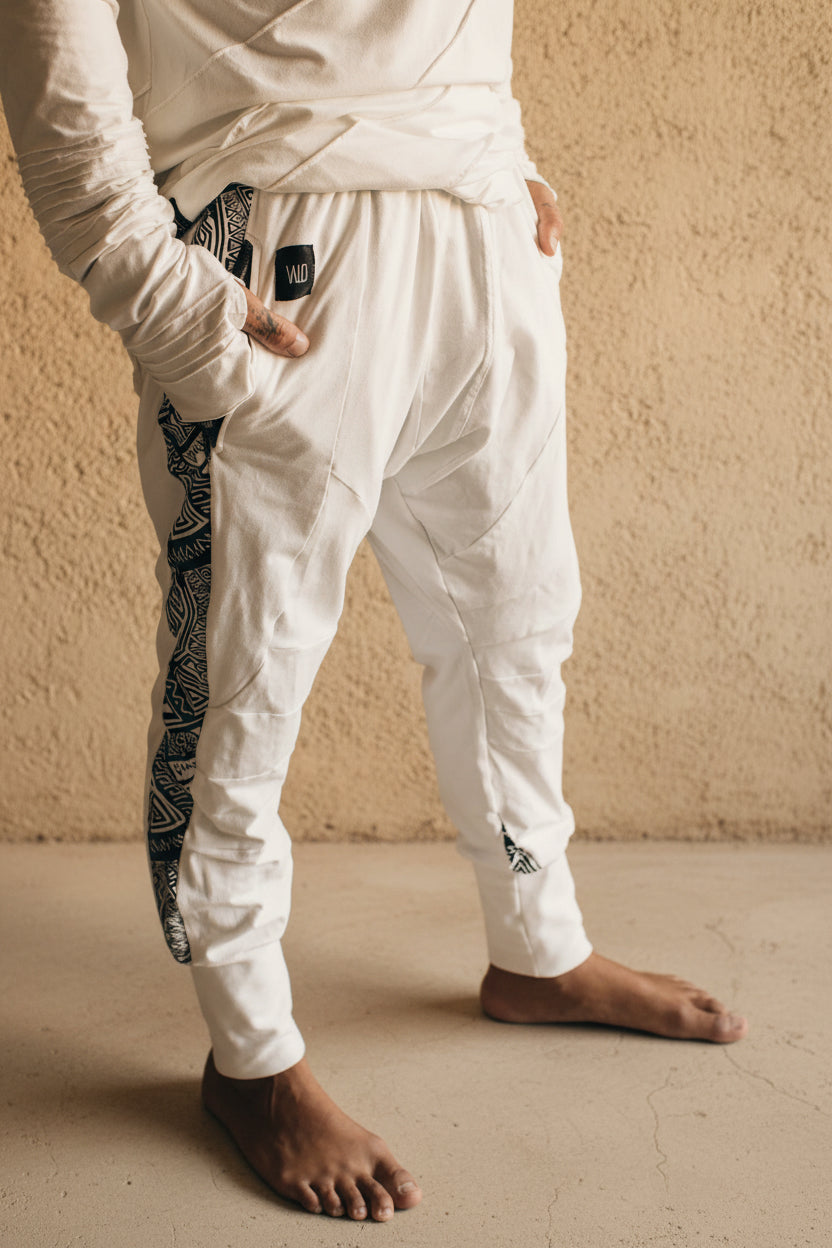 CAPO Pants - Bamboo stretch drop crotch joggers with tribal details - VALO Design Clothing 