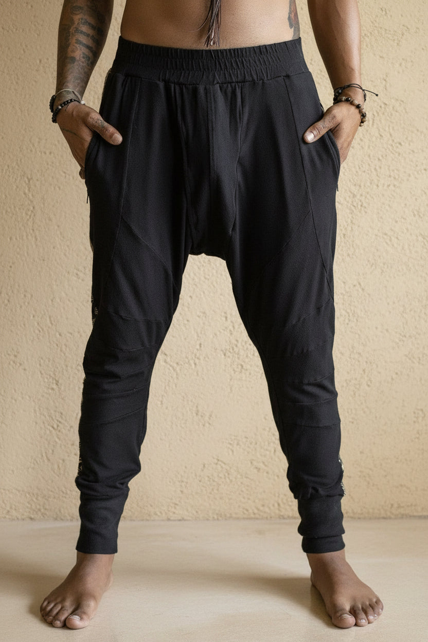CAPO Pants - Bamboo stretch drop crotch joggers with tribal details - VALO Design Clothing 