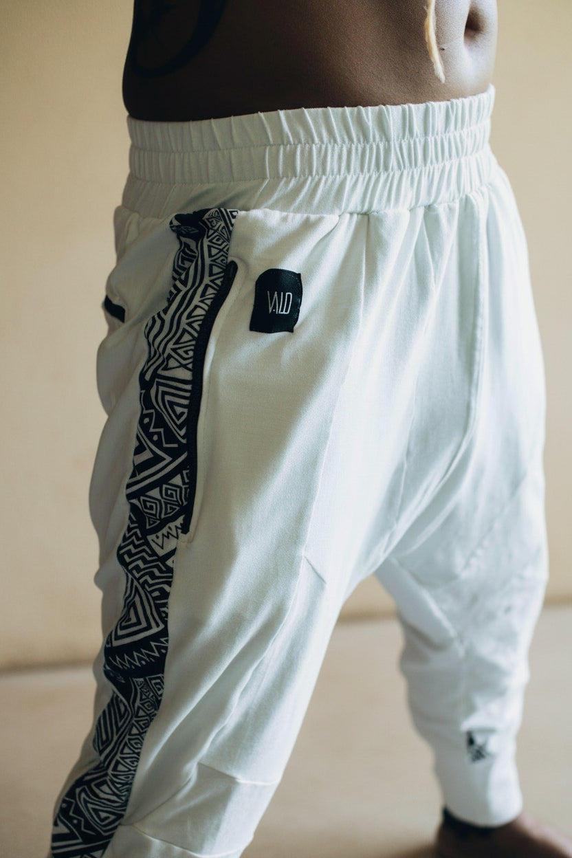 CAPO Pants - Bamboo stretch drop crotch joggers with tribal details - VALO Design Clothing 