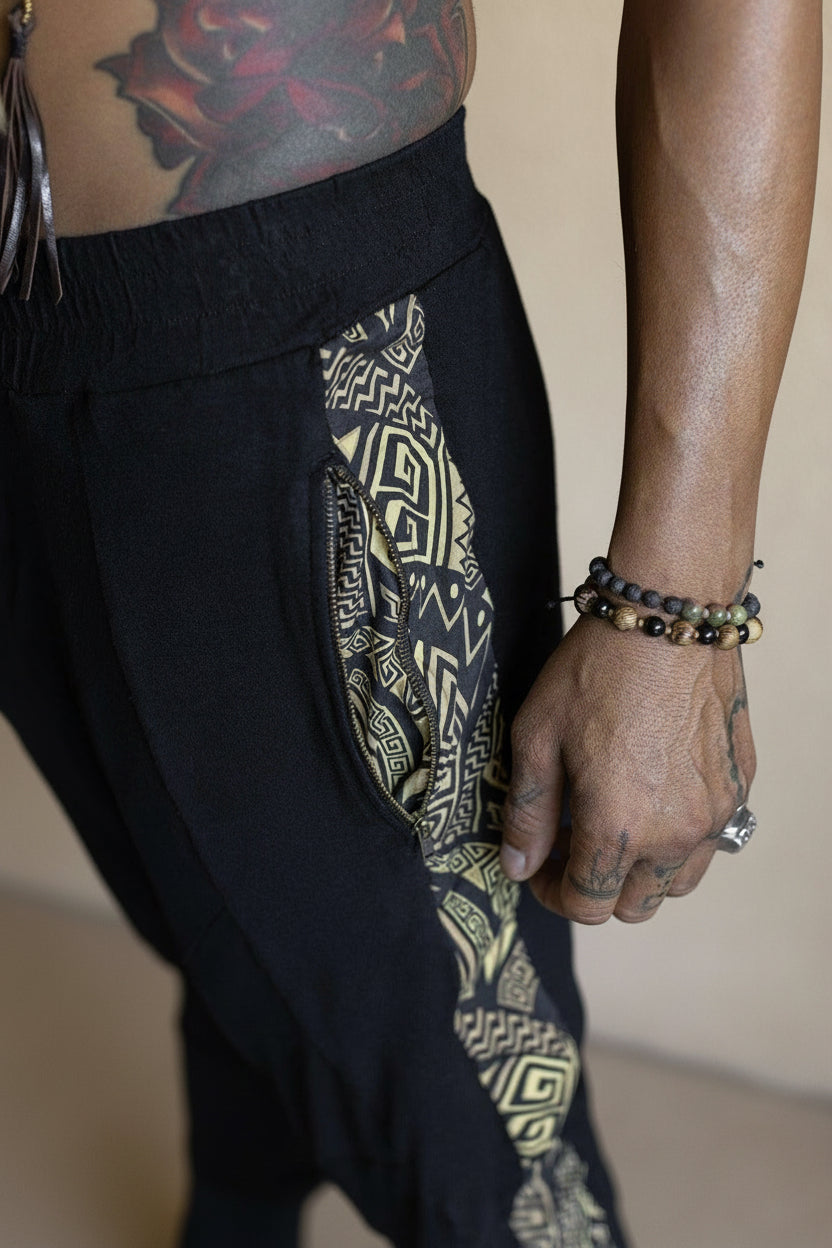 CAPO Pants - Bamboo stretch drop crotch joggers with tribal details - VALO Design Clothing 