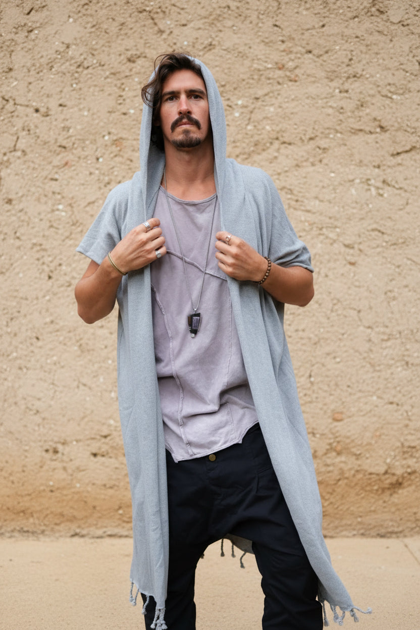 GERONIMO - Hooded cotton kimono cardigan poncho-Capes-VALO Design Clothing