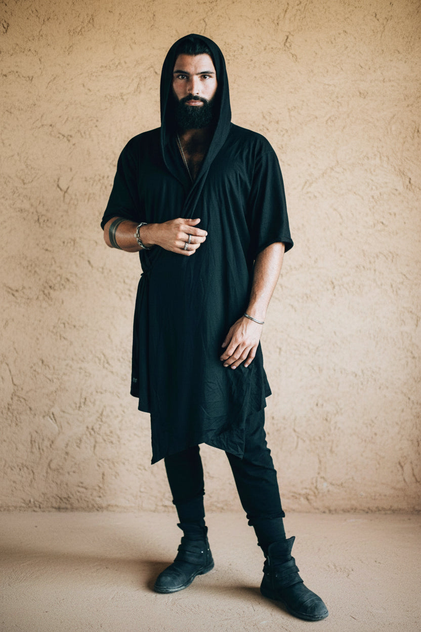 VALO Design Clothing Capes HANZO Black - Japanese style hooded bamboo Kimono Top