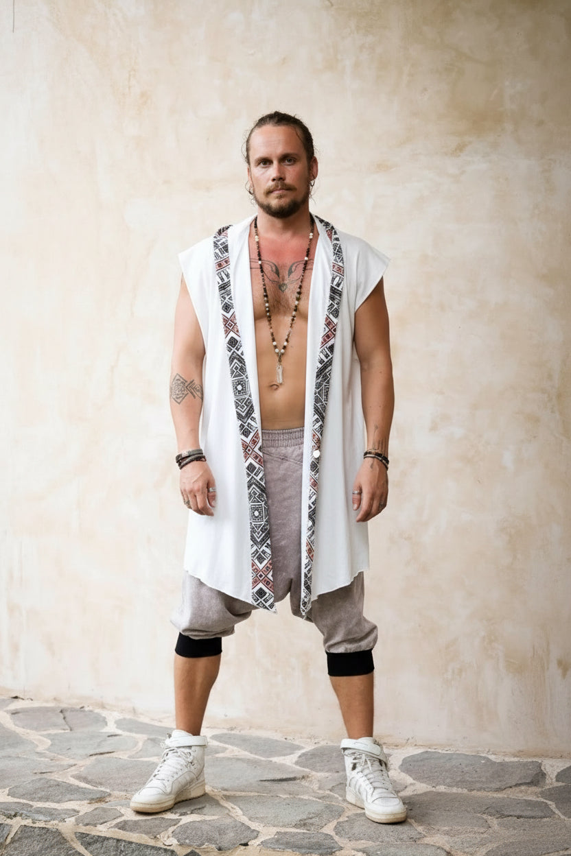 HANZO Chakana Kimono - Sleeveless Japanese style light hooded Kimono cape vest with unique geometric print art