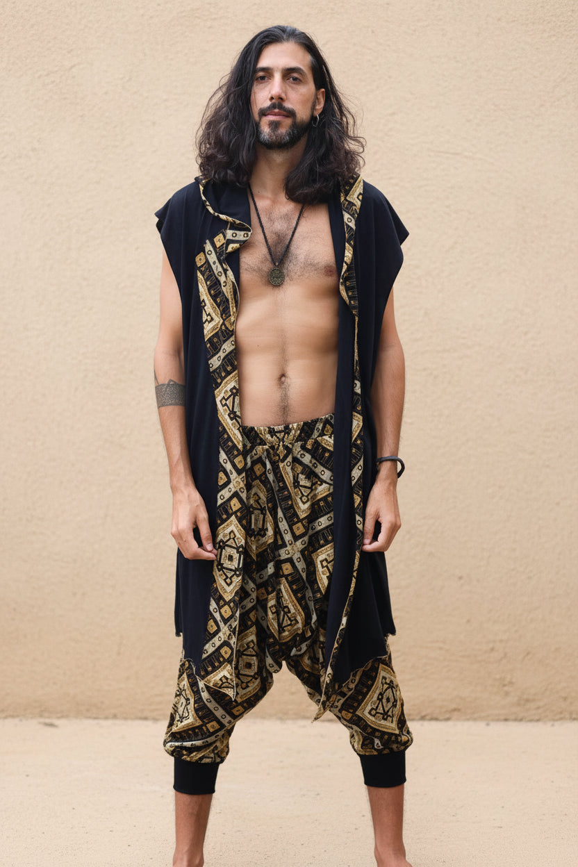 HANZO Chakana Kimono - Sleeveless Japanese style light hooded Kimono cape vest with unique geometric print art