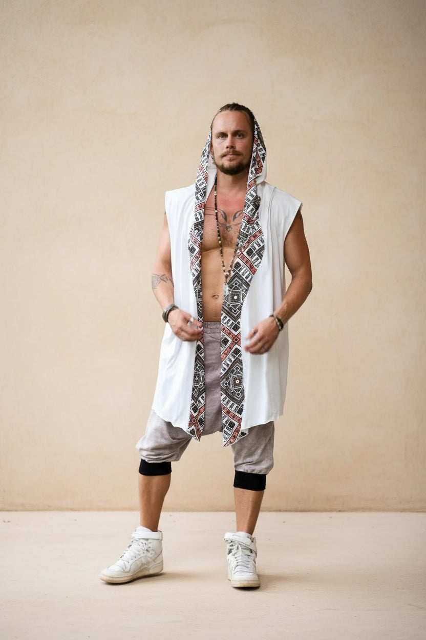 HANZO Chakana Kimono - Sleeveless Japanese style light hooded Kimono cape vest with unique geometric print art