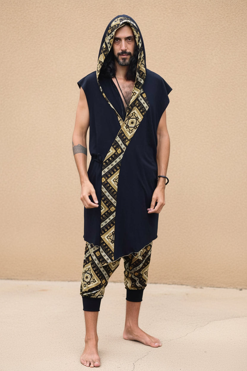 HANZO Chakana Kimono - Sleeveless Japanese style light hooded Kimono cape vest with unique geometric print art