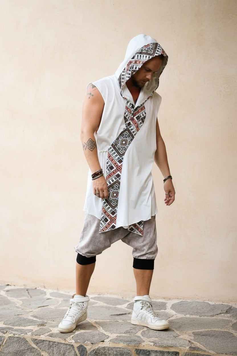 HANZO Chakana Kimono - Sleeveless Japanese style light hooded Kimono cape vest with unique geometric print art