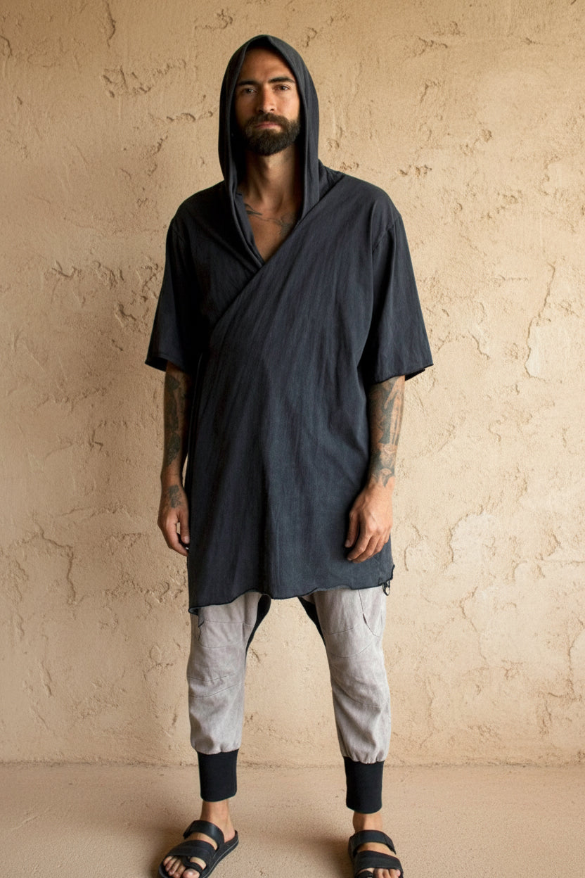 HANZO Stonewash Grey - Japanese style hooded bamboo Kimono Top - VALO Design Clothing 