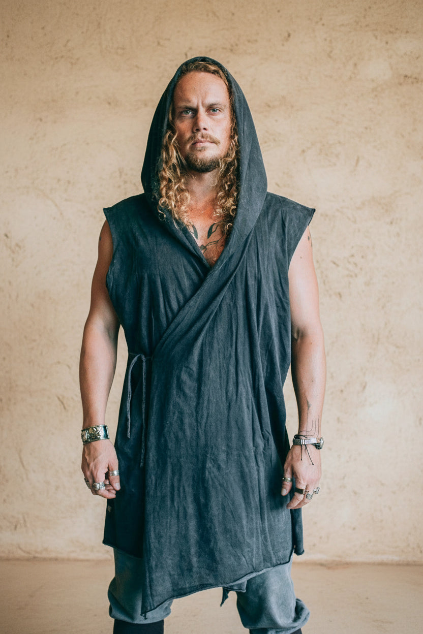 VALO Design Clothing Capes HANZO Stonewash Grey - Japanese style hooded bamboo Kimono Top