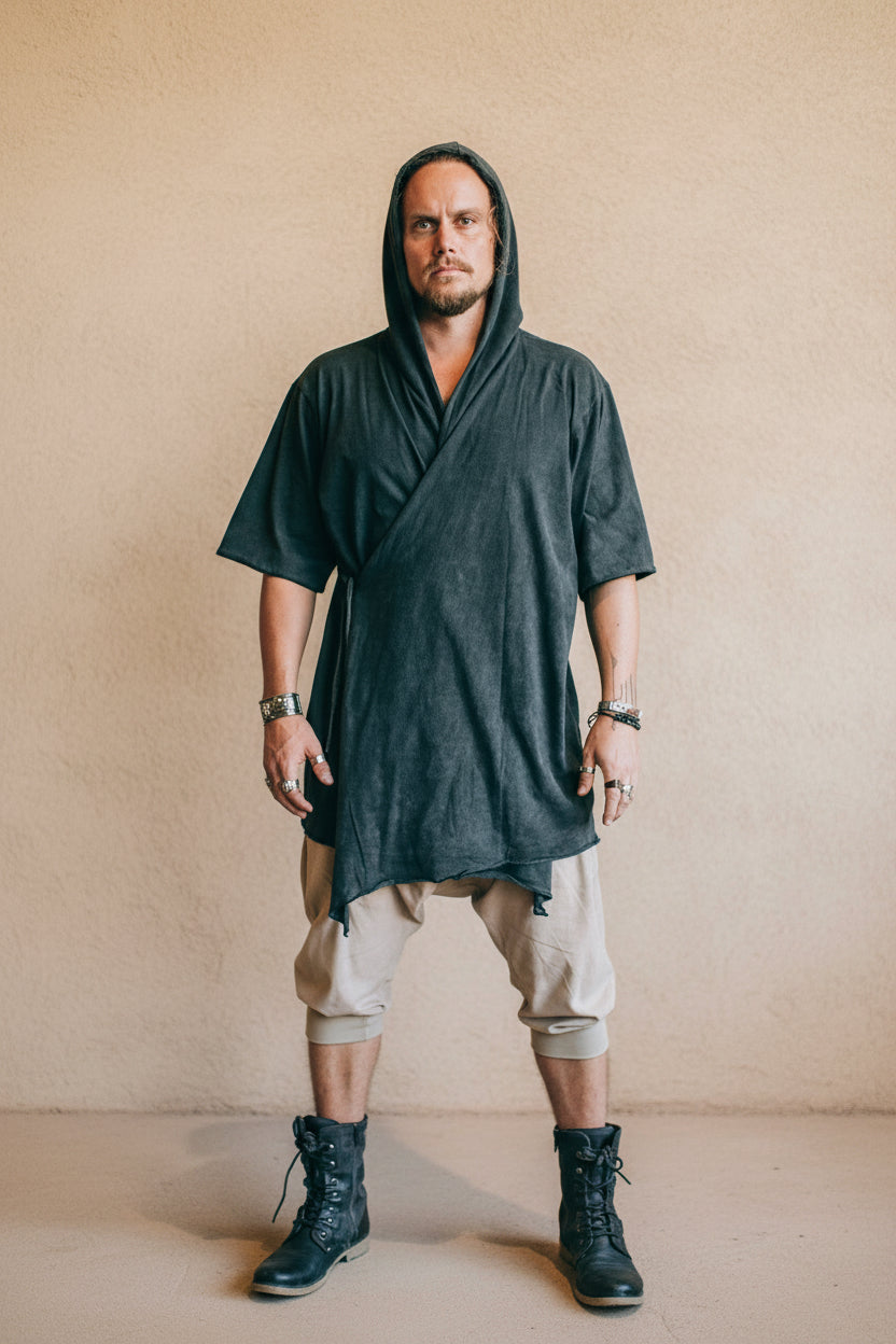 VALO Design Clothing Capes Copy of HANZO Black - Japanese style hooded bamboo Kimono Top