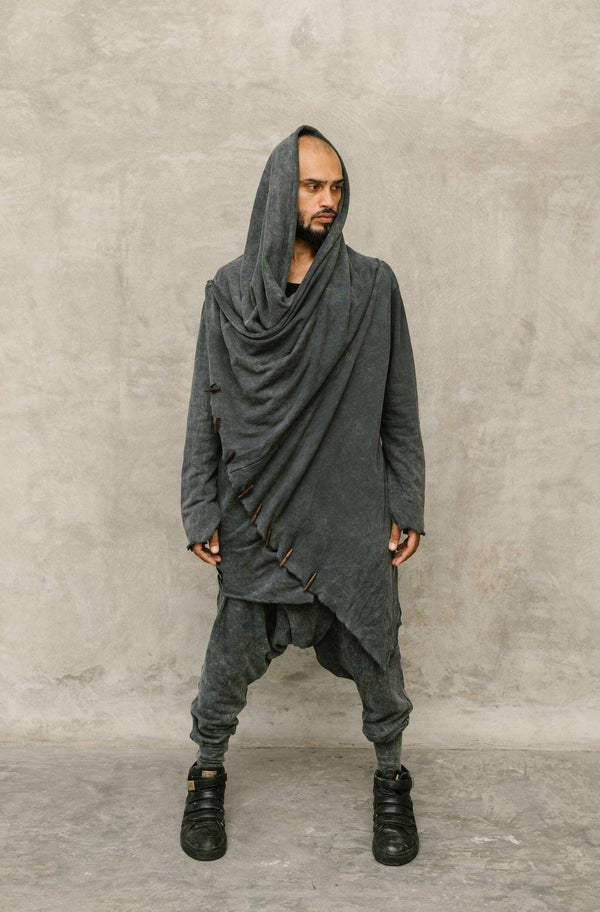 KENOBI BLACK Stonewash / Dark Grey - Jedi style cotton hoodie with wooden buttons - VALO Design Clothing 