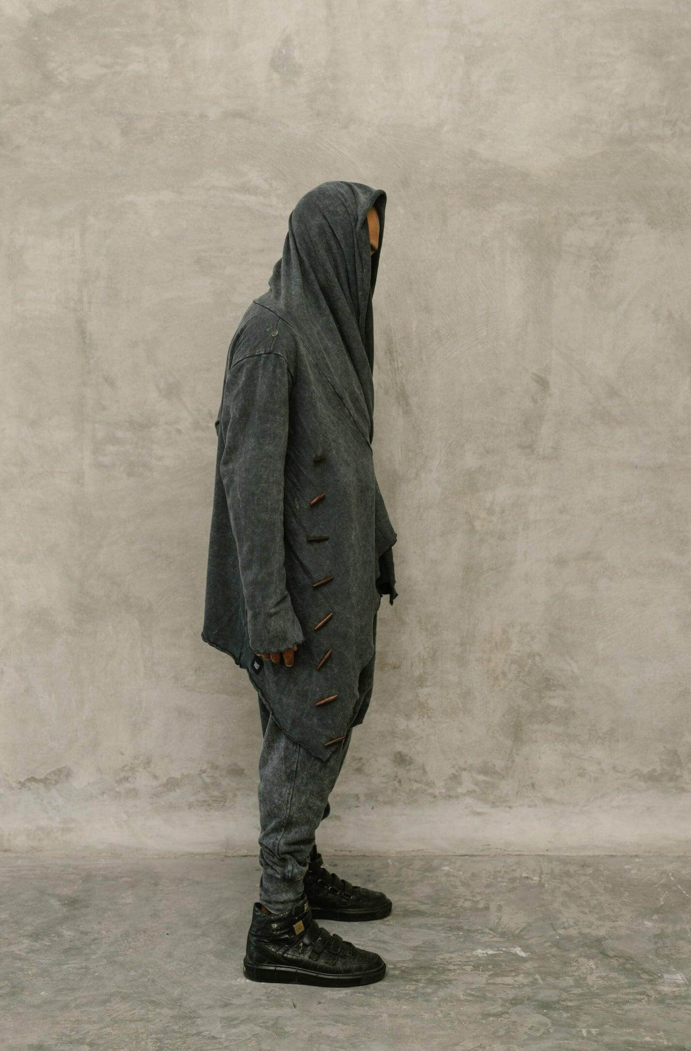 KENOBI BLACK Stonewash / Dark Grey - Jedi style cotton hoodie with wooden buttons - VALO Design Clothing 