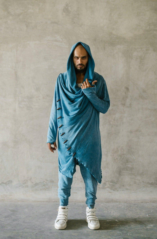 KENOBI BLUE Stonewash - Jedi style cotton hoodie with wooden buttons - VALO Design Clothing 