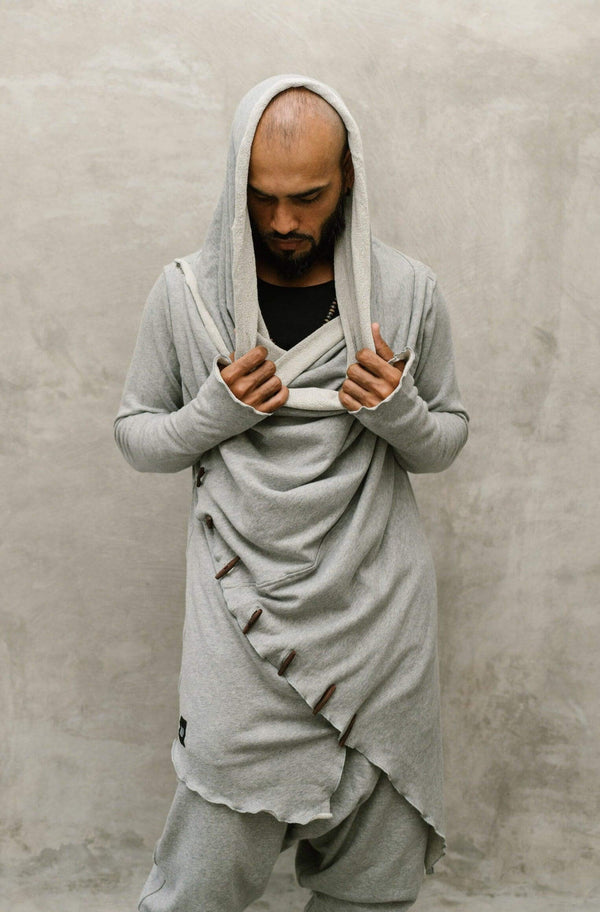 KENOBI Misty Grey - Jedi style cotton hoodie with wooden buttons - VALO Design Clothing 