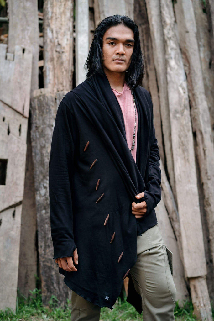 VALOdesigns Hoodies KENOBI Obsidian Black - Jedi style cotton denim hoodie with wooden buttons