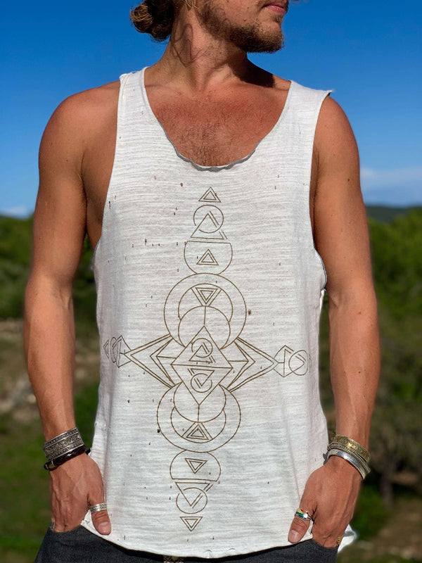 VALO Design Clothing Shirts KESÄ Cotton Bamboo - Light sleeveless vest with geometric print & tattered holes