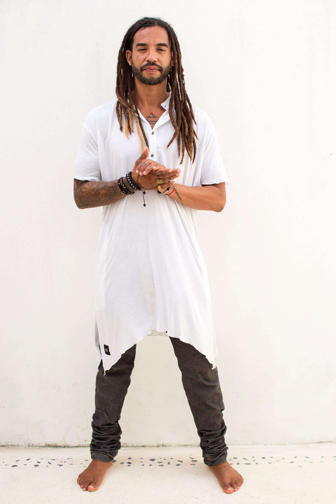 VALO Design Clothing  One Size / White KURTAN - Bamboo oversize tee with top button up and asymmetric side cuts