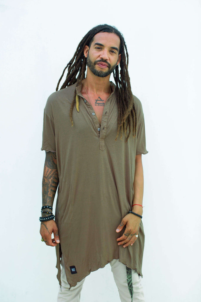 VALO Design Clothing  One Size / Khaki Green Brown KURTAN - Bamboo oversize tee with top button up and asymmetric side cuts