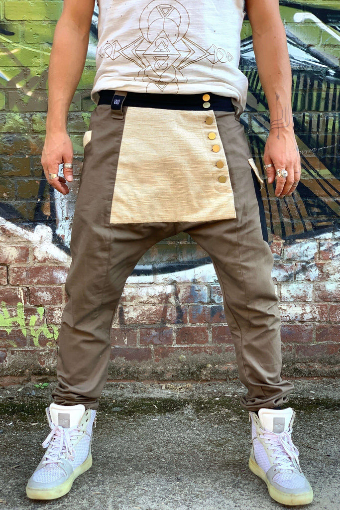 VALO Design Clothing Pants Brown Canvas w/Cream linen / M-L (for over 180cm) LUMO - Boho drop crotch pants with unique cuts & details