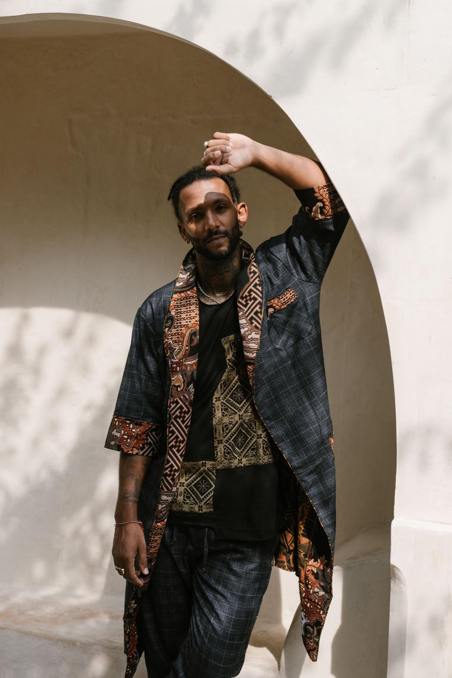 POMO Jacket Blue - Wool Cotton Oriental Chic Kimono Jacket-Kimonos-VALO Design Clothing