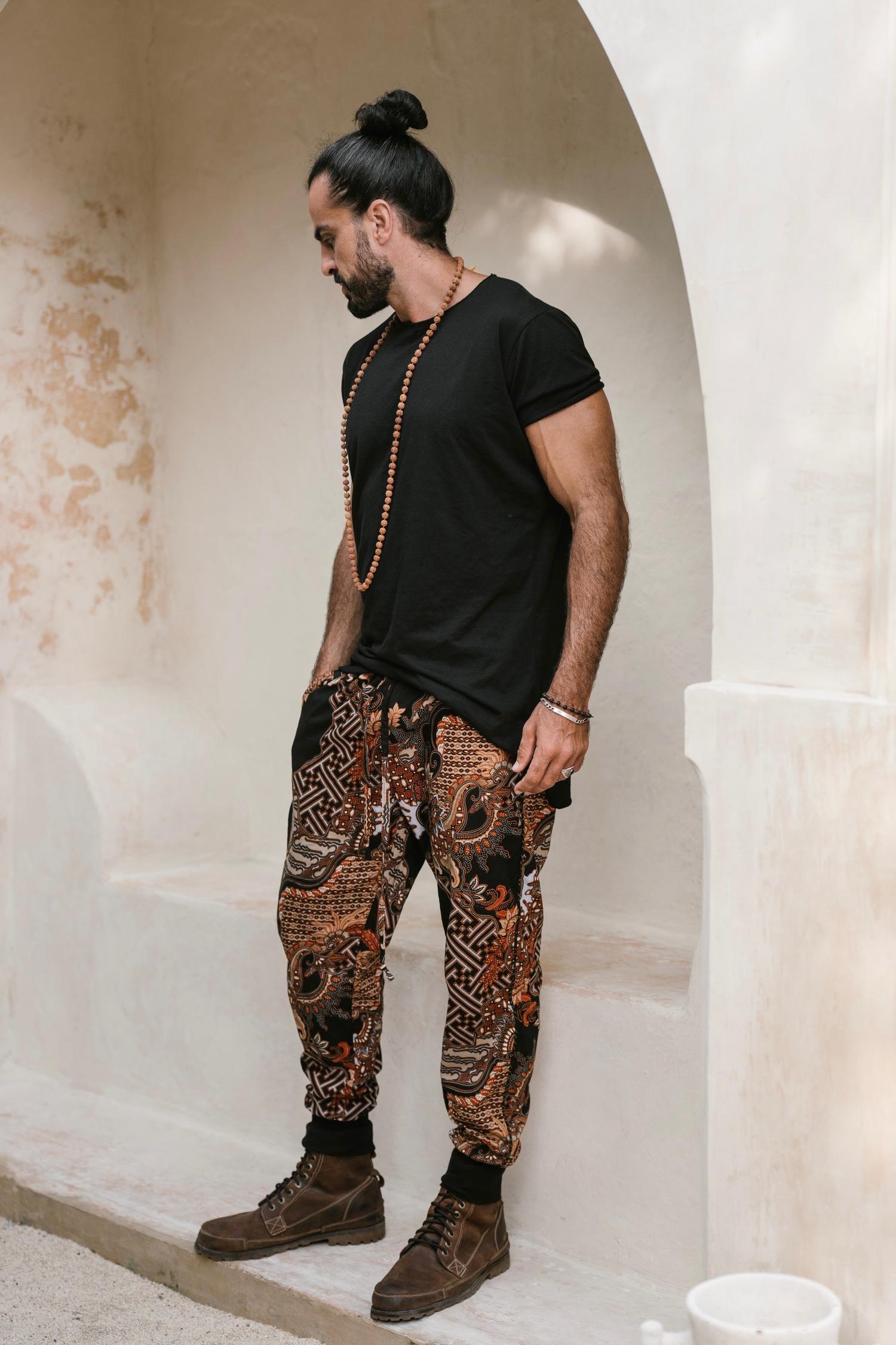 POMO Pants Black Batik - Relaxed Oriental Chic Cotton Pants