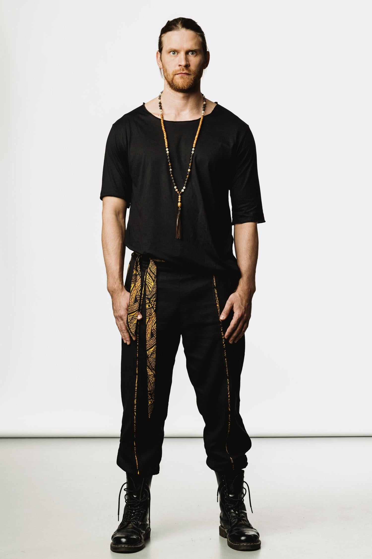 QI PANTS - Oriental Drop Crotch Linen Pants-Pants-VALO Design Clothing