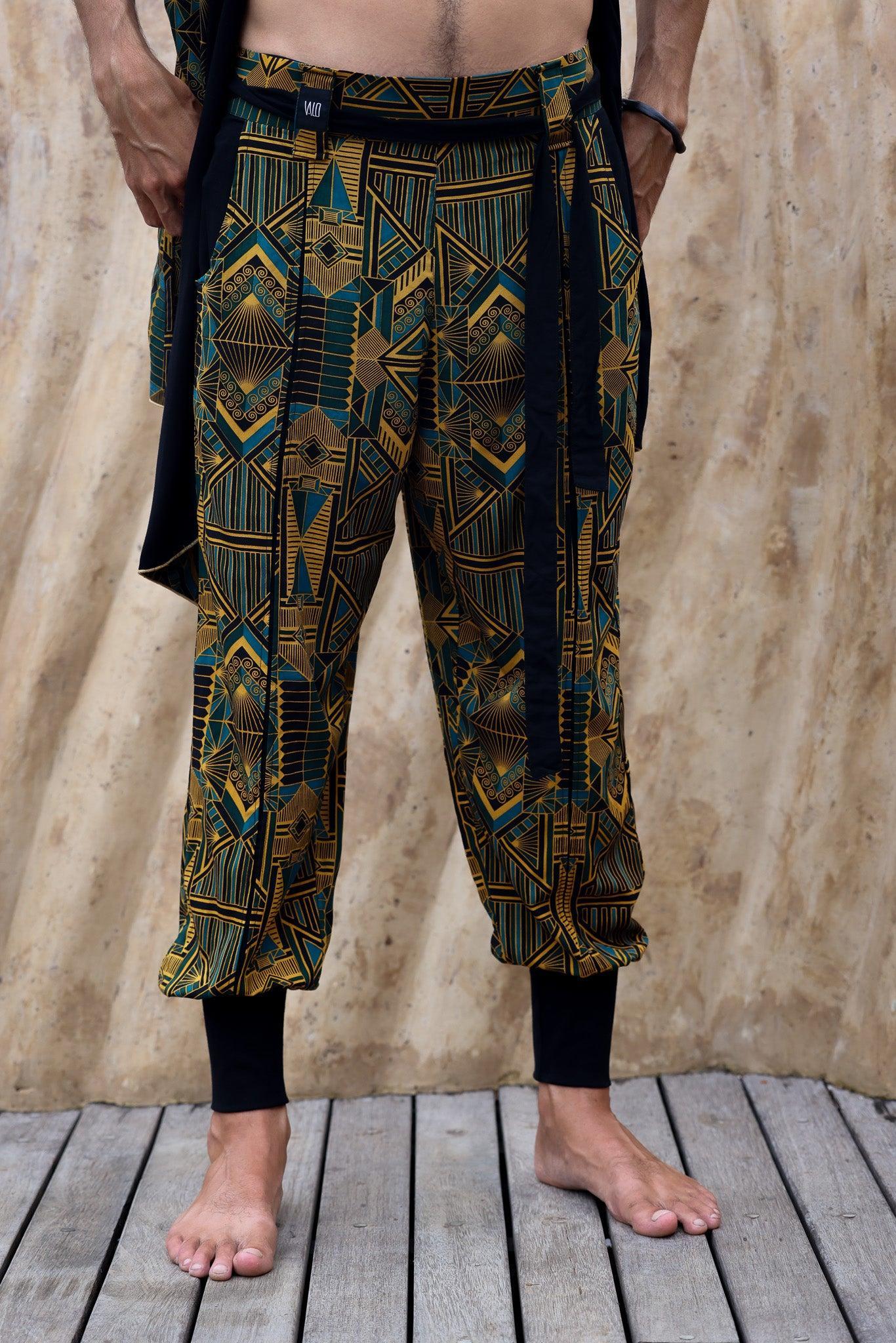 VALO Design Pants QI Prism -  High quality drop crotch tencel pants inspired by the 20's ageless style combined with indigenous and sacred symbolism. Extremely comfortable with soft cotton ribbing on the legs. 