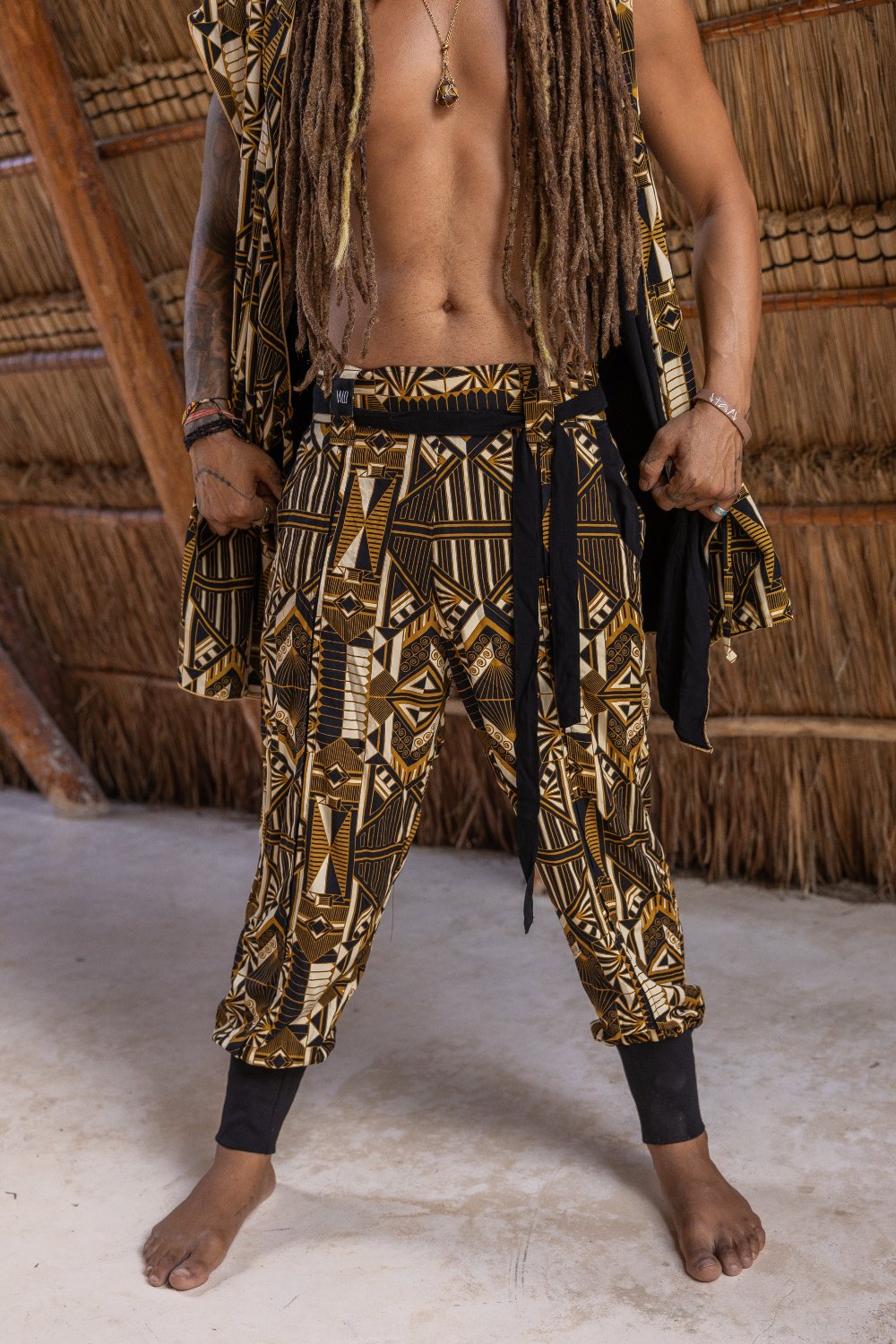 VALO Design Pants QI Prism -  High quality drop crotch tencel pants inspired by the 20's ageless style combined with indigenous and sacred symbolism. Extremely comfortable with soft cotton ribbing on the legs. 