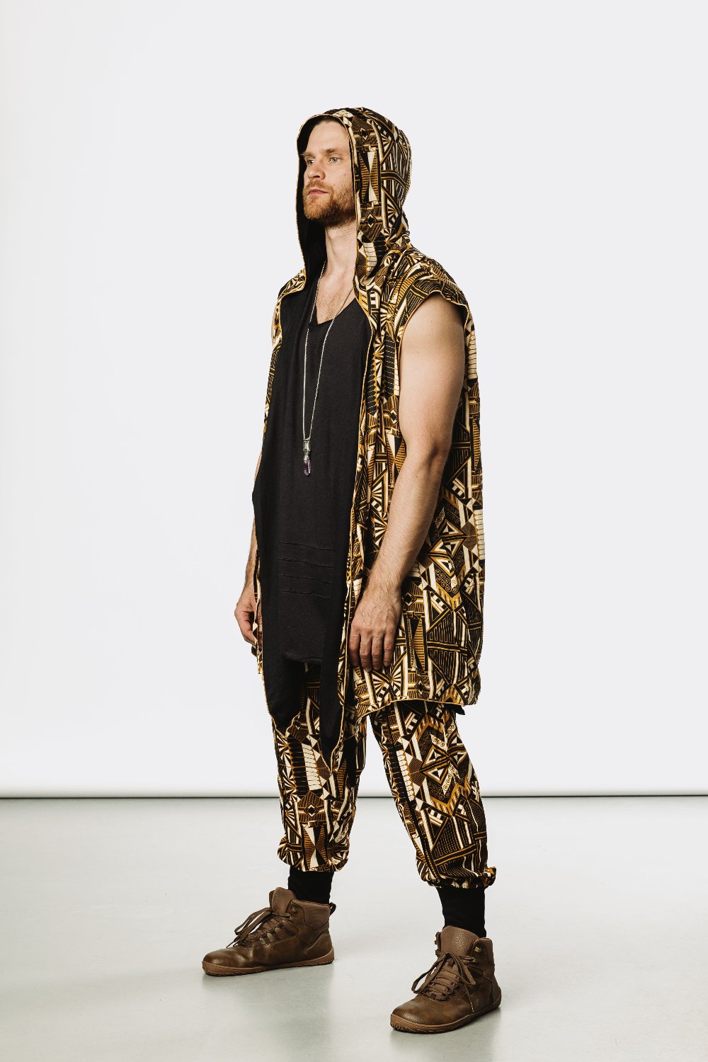 VALO Design Pants QI Prism -  High quality drop crotch tencel pants inspired by the 20's ageless style combined with indigenous and sacred symbolism. Extremely comfortable with soft cotton ribbing on the legs. 