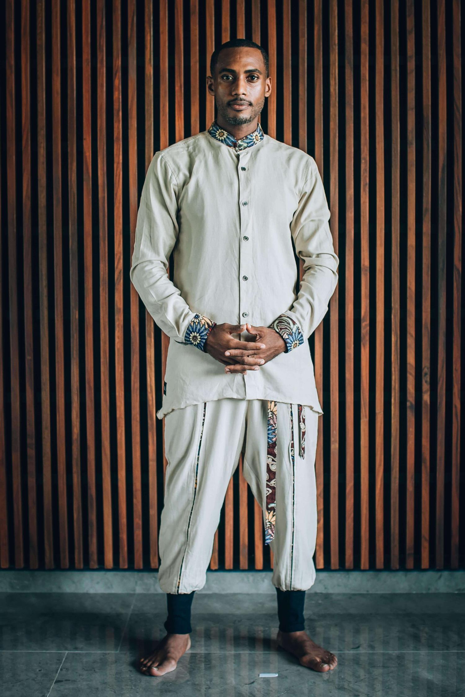 VALO Design Clothing Shirts Cream Linen QI SHIRT - A classic slim fit button up shirt with bali batik details and asymmetric cut