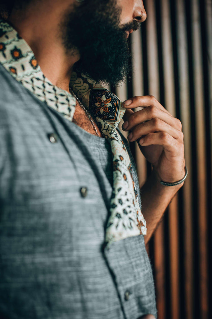 VALO Design Clothing Shirts QI VEST - Asymmetric cut linen cotton vest with metal buttons and Bali batik details