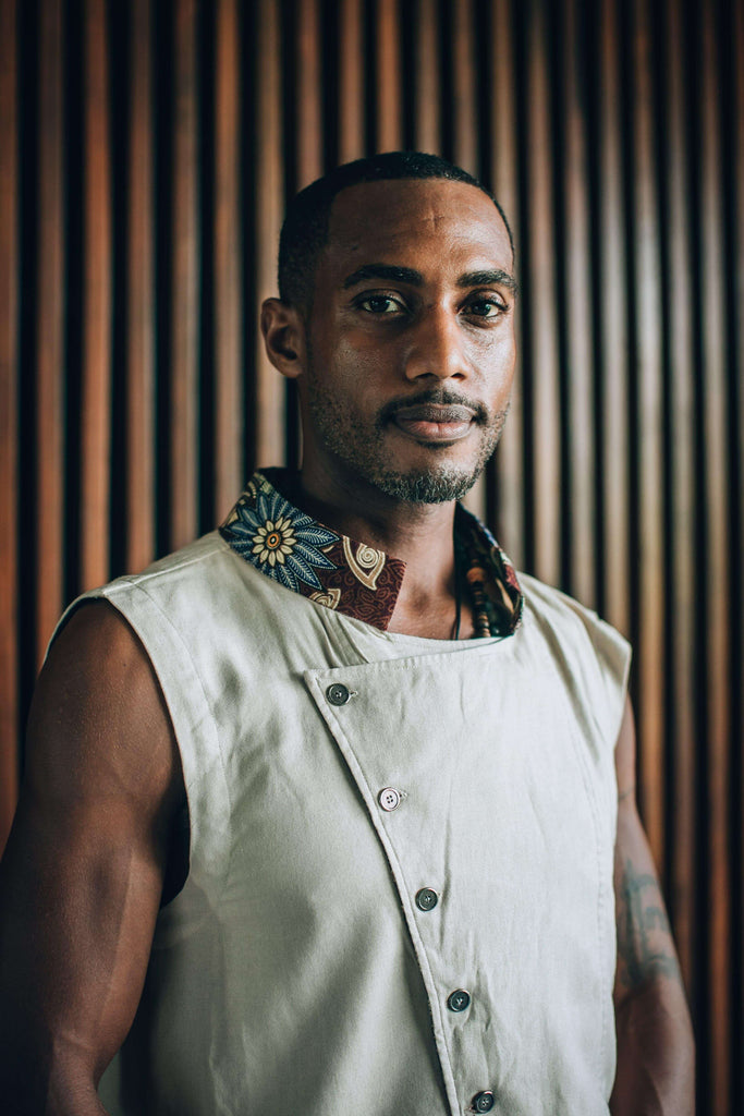 VALO Design Clothing Shirts QI VEST - Asymmetric cut linen cotton vest with metal buttons and Bali batik details