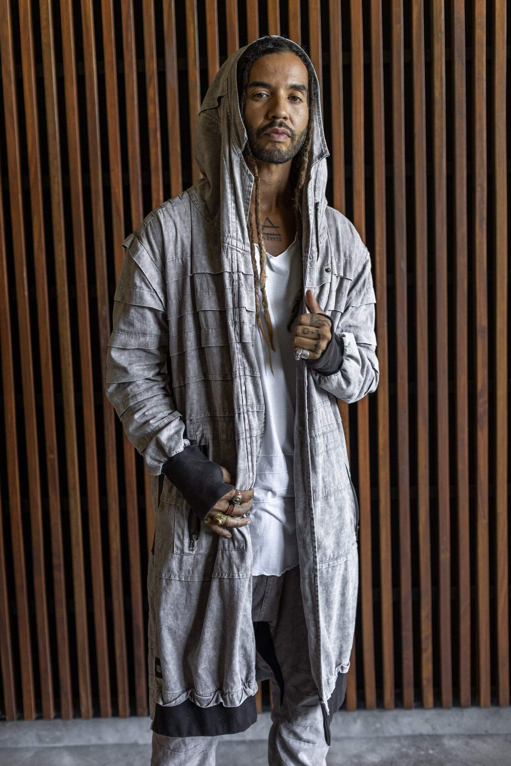 SISU Jacket - A long hooded ninja assassin zipper jacket coat with unique details - VALO Design Clothing 