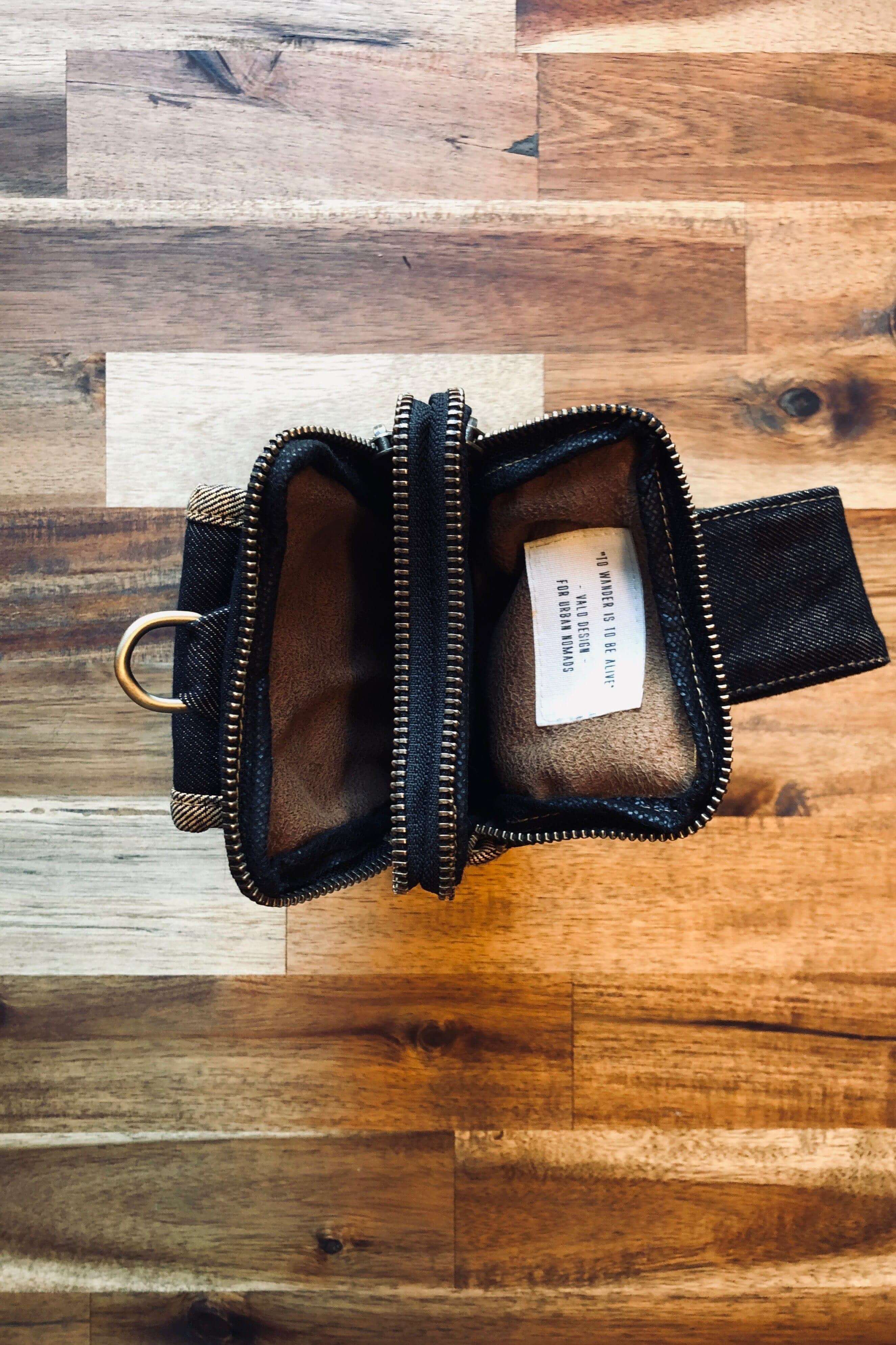 VALO Design Bag TASKU – A stylish and functional belt bag crafted from recycled orange and black denim