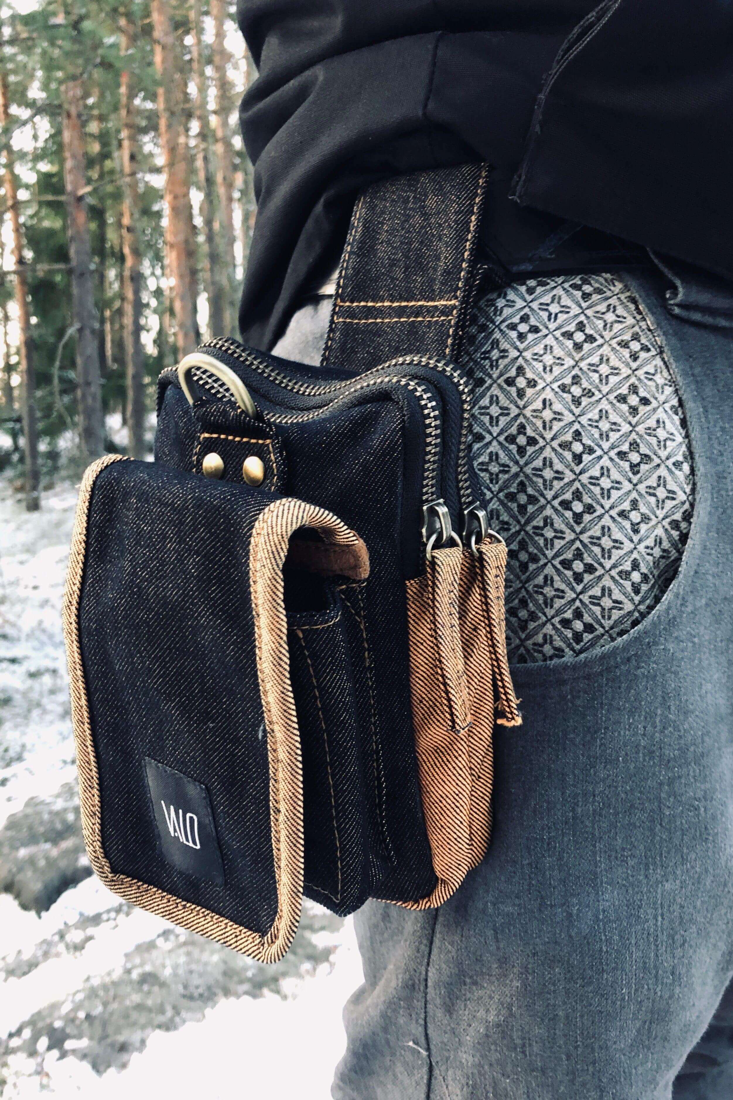 VALO Design Bag TASKU – A stylish and functional belt bag crafted from recycled orange and black denim