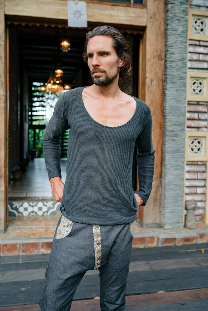 VALOdesigns Shirts TULI Knit - Long sleeve deep v-neck asymmetric knit cotton shirt