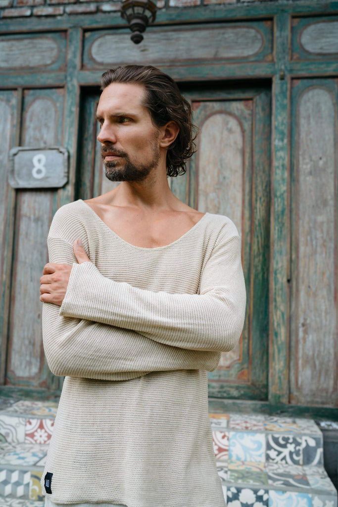 VALOdesigns Shirts TULI Knit - Long sleeve deep v-neck asymmetric knit cotton shirt