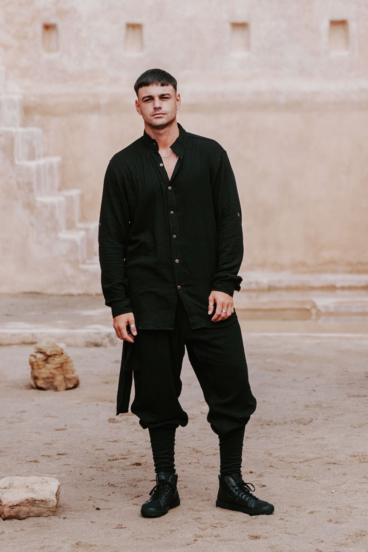 DJINN Shirt - Relaxed Cotton Crepe Nehru Collar Shirt