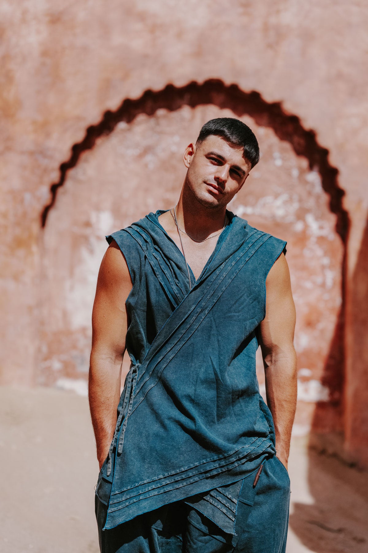 HANZO Linen Blue - Stonewashed Hooded Kimono Vest