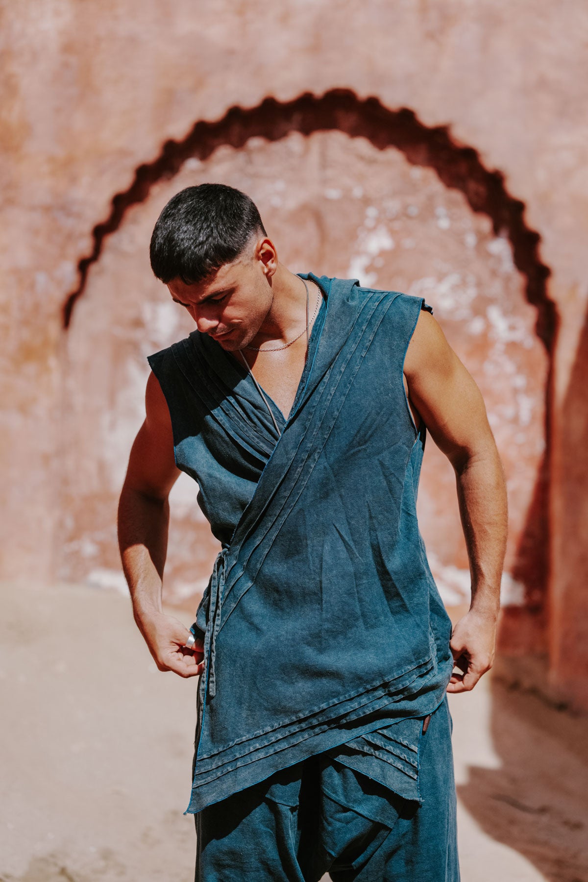 HANZO Linen Blue - Stonewashed Hooded Kimono Vest