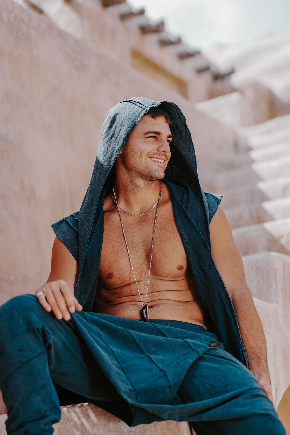 HANZO Linen Blue - Stonewashed Hooded Kimono Vest