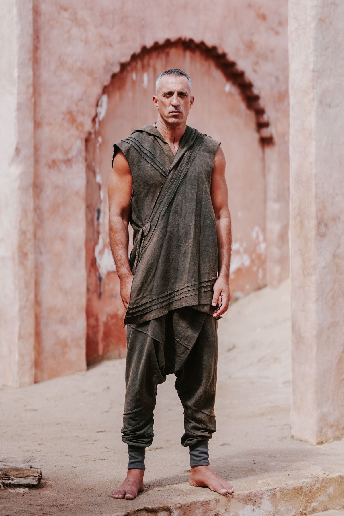 HANZO Brown Green - Stonewashed Hooded Linen Boho Vest