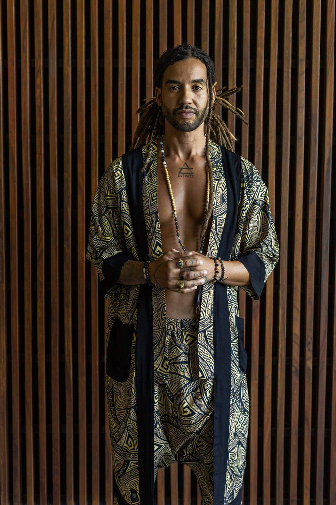 VALO SPIRIT Gold & Black Tribal - elegant & unique cotton kimono cardigan - VALO Design Clothing 