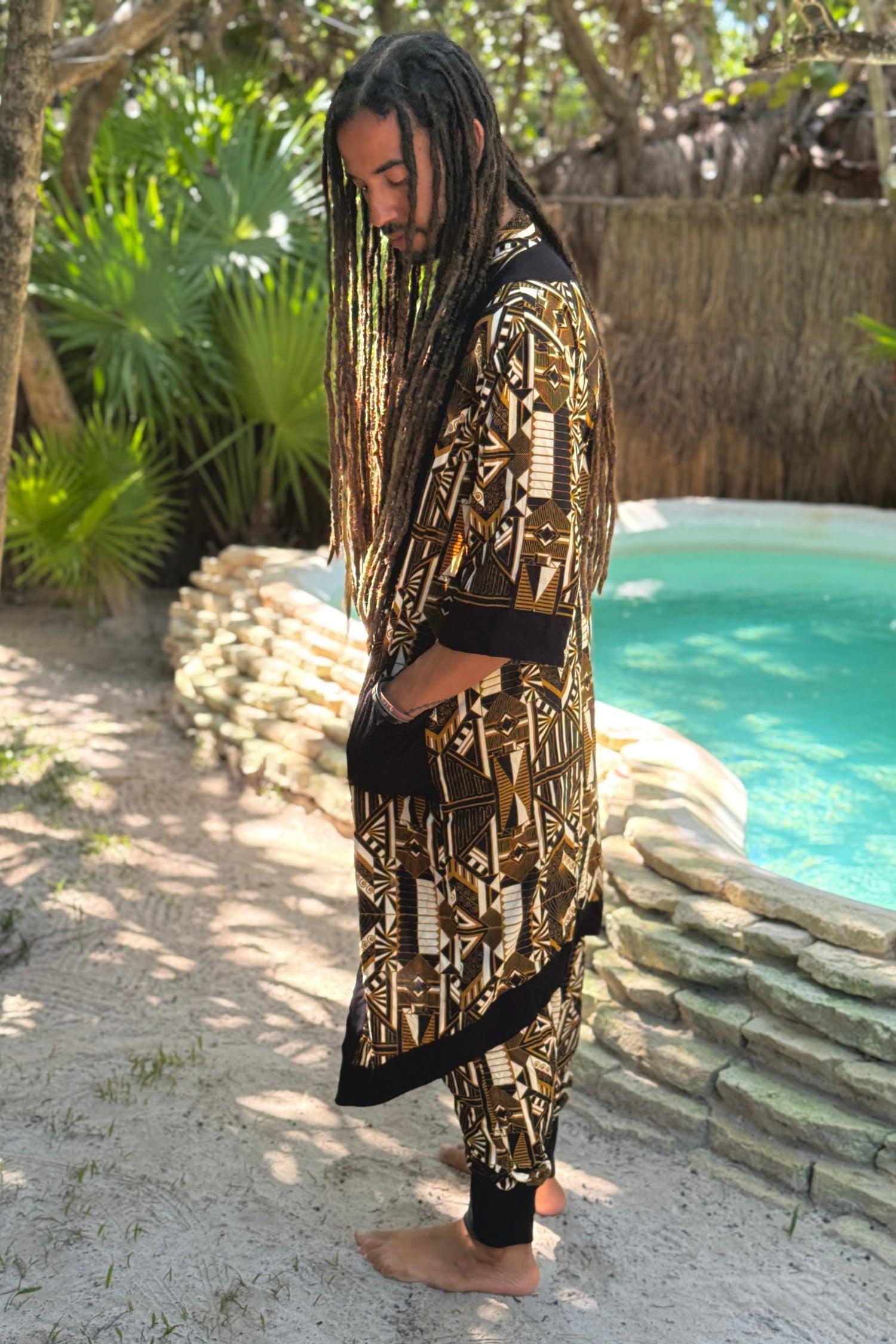 VALO Design Kimono Gold Prism - An impressive and elegant 100% tencel long kimono cardigan, for festivals, beach or lounging at home