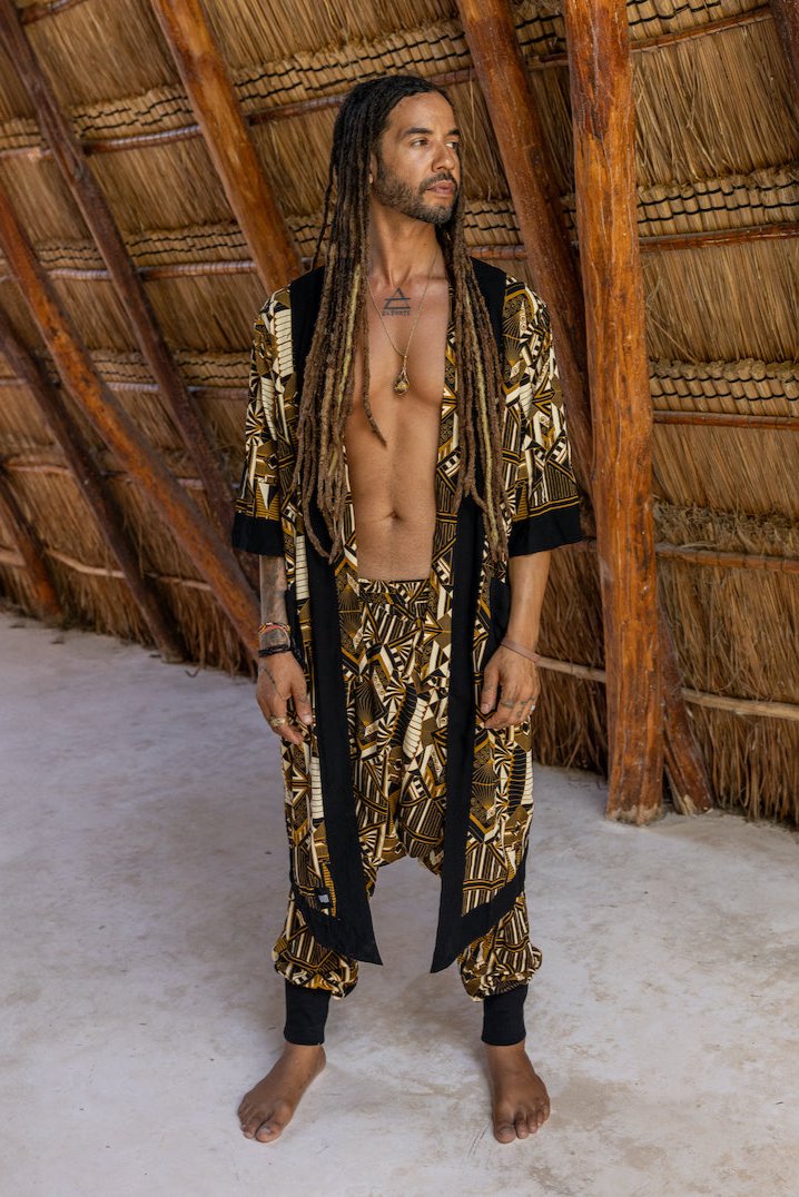 VALO Design Kimono Gold Prism - An impressive and elegant 100% tencel long kimono cardigan, for festivals, beach or lounging at home