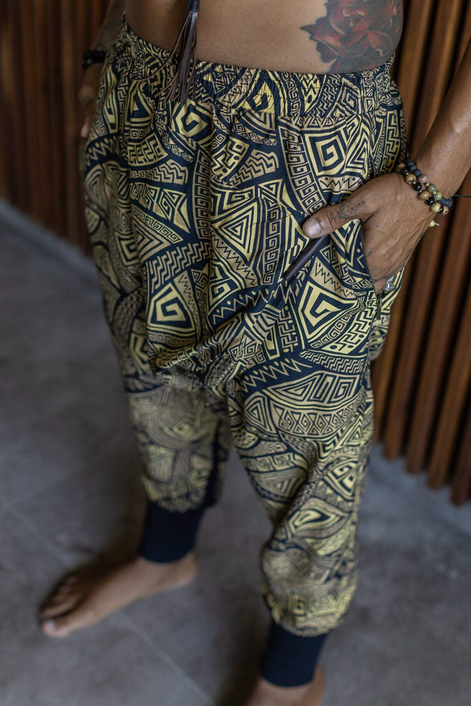 VALO SPIRIT NINJA Gold & Black Tribal - Comfortable & stylish cotton print harem pants - VALO Design Clothing 