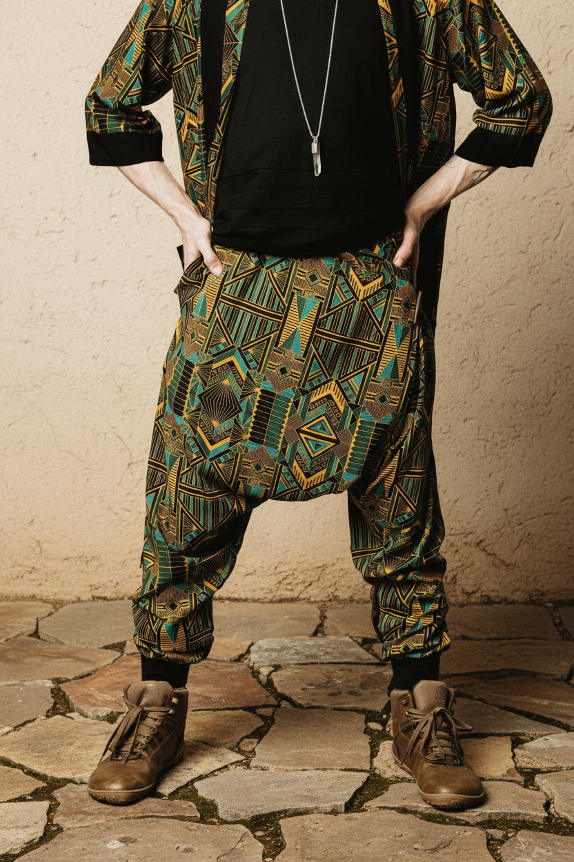 VALO Design Ninja Prism Blue Green Pants - Slim leg drop crotch harem sarouel pants