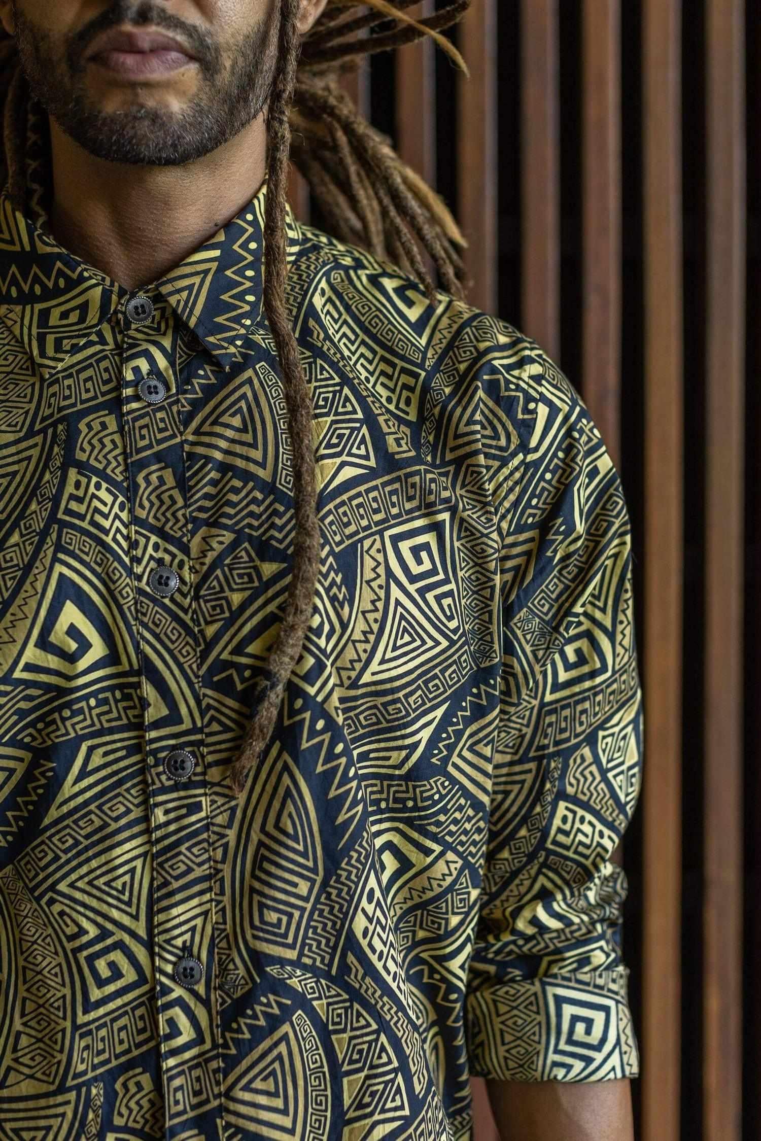 VALO SPIRIT PANTAI Black & Gold Tribal - A classic slim fit button up shirt with unique print - VALO Design Clothing 
